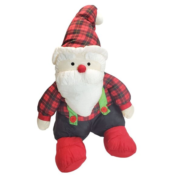 Santa Claus Plush Doll 19" Tartan Plaid Hat & Suspenders Parachute Fabric - Picture 1 of 9